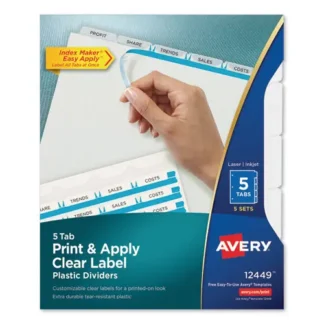 Avery® Print and Apply Index Maker Clear Label Plastic Dividers w/Printable Label Strip, 5-Tab, 11 x 8.5, Frosted Clear Tabs, 5 Sets
