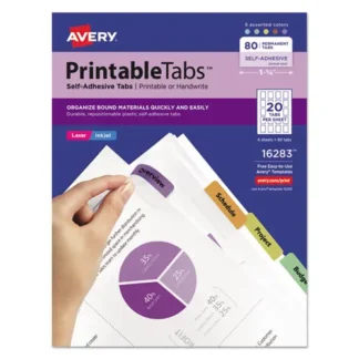 Avery® Printable Plastic Tabs with Repositionable Adhesive, 1/5-Cut, Assorted Colors, 80/Pack