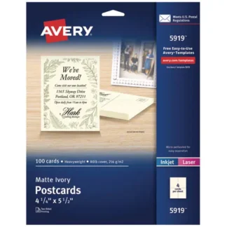 Avery® Printable Postcards, 80 lb, Matte Ivory, 4.25" x 5.5", 100 Cards, 4 Per Sheet, 25 Sheets/Box, Inkjet & Laser Compatible