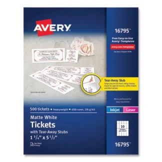 Avery® Printable Tickets with Tear-Away Stubs, White, 8.5 x 11, 10 Tickets Per Sheet, 50 Sheets Per Pack