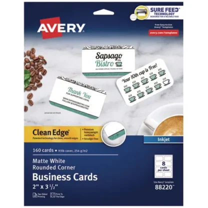 Avery® Round Corner Print-to-the-Edge Business Cards, Inkjet, White, 160 Cards (20 Sheets/Pack)