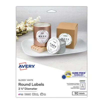 Avery® Round Print-to-the Edge Labels with SureFeed, 2.5" dia, Glossy White, 90/PK