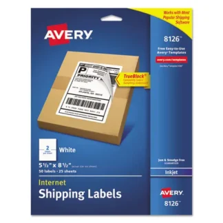 Avery® Shipping Labels w/ TrueBlock Technology, Inkjet Printers, White, 2 Labels per Sheet, 25 Sheets per Pack