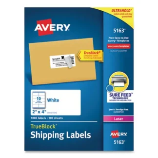 Avery® Shipping Labels with TrueBlock® Technology, Laser Printers, White, 2" x 4", 10 Labels/Sheet, 100 Sheets/Box