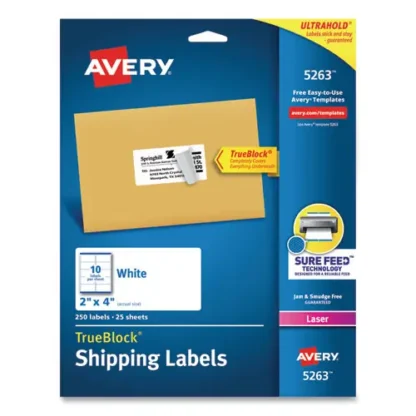Avery® Shipping Labels with TrueBlock® Technology for Laser Printers, White, 2" x 4", 10 Labels/Sheet, 25 Sheets/Pack