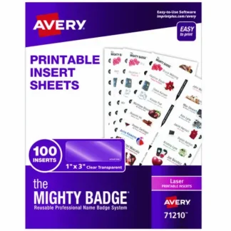 Avery® The Mighty Badge Name Badge Inserts, Clear, Laser Printer Compatible, 20 Inserts per Sheet, 5 Sheets per Pack