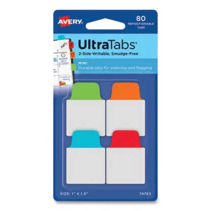 Avery® Ultra Tabs Repositionable Tabs, Mini Tabs, 1" x 1.5", 1/5-Cut, Assorted Colors, 80/Pack