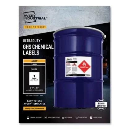 Avery® UltraDuty GHS Chemical Waterproof and UV Resistant Labels, 8.5 x 11, White, 50/Box