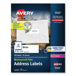 Avery® Waterproof Address Labels with TrueBlock and Sure Feed, Laser Printers, 1.33 x 4, White, 14/Sheet, 50 Sheets/Pack