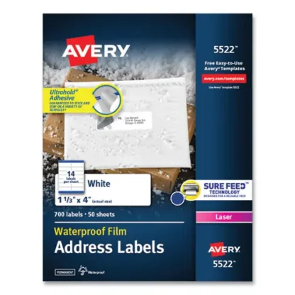 Avery® Waterproof Address Labels with TrueBlock and Sure Feed, Laser Printers, 1.33 x 4, White, 14/Sheet, 50 Sheets/Pack