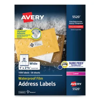 Avery® Waterproof Address Labels with TrueBlock and Sure Feed, Laser Printers, 1 x 2.63, White, 30/Sheet, 50 Sheets/Pack
