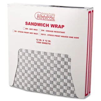 Bagcraft Grease-Resistant Paper Wraps and Liners, Black Check, 12" x 12", 1,000/Box, 5 Boxes/Carton