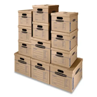 Bankers Box® SmoothMove Classic Moving/Storage Box Kit, Half Slotted Container (HSC), Assorted Sizes, Brown/Blue, 12/Carton