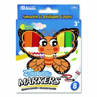 BAZIC® Products Broad Line Jumbo Washable Markers, Broad Bullet Tip, 8 Assorted Colors, 24/Set