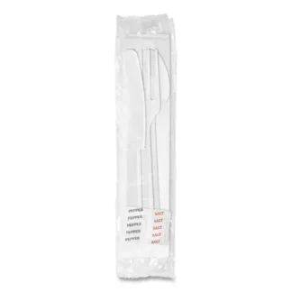 Berkley Square Medium Heavyweight Cutlery Kit, Fork/Knife/Napkin/Pepper/Salt/Spoon, Plastic, White, 250/Carton