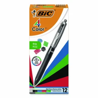 BIC® 4-Color Pro Grip Retractable Multi-Color Ballpoint Pen, Medium Point (1 mm), Black/Blue/Green/Red Ink, Black/Gray Barrel, Dozen