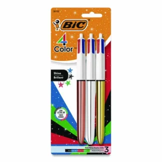 BIC® 4-Color Shine Multi-Color Ballpoint Pen, Retractable, Medium Point, 1mm, Black/Blue/Green/Red Ink, Assorted Metallic Barrels, 3/Pack