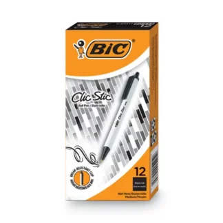 BIC® Clic Stic Ballpoint Pen, Retractable, Medium 1 mm, Black Ink, White Barrel, Dozen