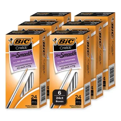BIC® Cristal Xtra Smooth Ballpoint Pen, Medium Point, 1 mm, Black Ink, Clear Barrel, 144/Pack