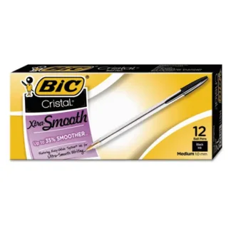 BIC® Cristal Xtra Smooth Ballpoint Pen, Medium, Black Ink, Clear Barrel, 1 mm, Dozen