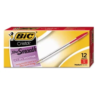 BIC® Cristal Xtra Smooth Ballpoint Pen, Medium 1 mm, Red Ink, Clear Barrel, Dozen