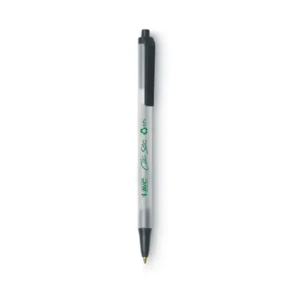 BIC® Ecolutions Clic Stic Ballpoint Pen, Retractable, Medium Point, 1 mm, Black Ink, Translucent Frost/Black Barrel, Dozen