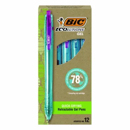 BIC® Ecolutions Gel Pen, Retractable, Medium 1 mm, Assorted Ink Colors, Blue Barrel, 12/Pack