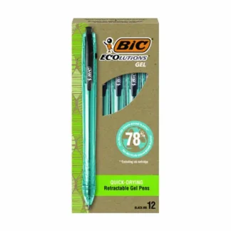BIC® Ecolutions Gel Pen, Retractable, Medium Point, 1 mm, Black Ink, Blue Barrel, 12 Pack