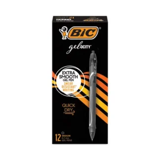 BIC® Gel-ocity Quick Dry Gel Pen, Retractable, Medium Point, 0.7 mm, Black Ink, Black Barrel, Dozen