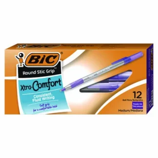 BIC® Round Stic Grip Xtra Comfort Ballpoint Pen, Medium 1.2 mm, Purple Ink, Gray/Purple Barrel, Dozen