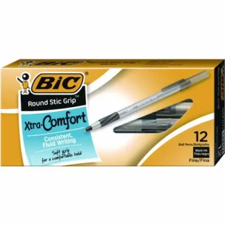 BIC® Round Stic Grip Xtra Comfort Ballpoint Pen, Fine 0.8 mm, Black Ink, Gray/Black Barrel, Dozen