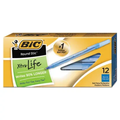 BIC® Round Stic Xtra Life Ballpoint Pen, Medium, 1 mm, Blue Ink, Translucent Blue Barrel, Dozen