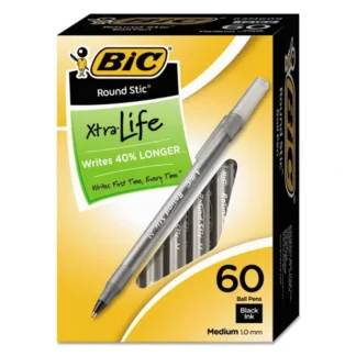 BIC® Round Stic Xtra Life Ballpoint Pen, Medium 1 mm, Black Ink, Translucent Frost Barrel, 60/Box