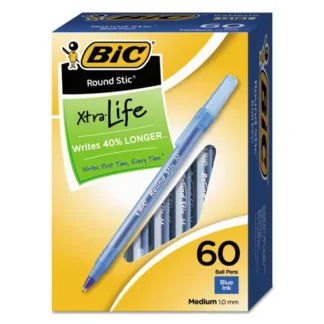 BIC® Round Stic Xtra Life Ballpoint Pen Value Pack, Medium, Blue Ink, 60/Box