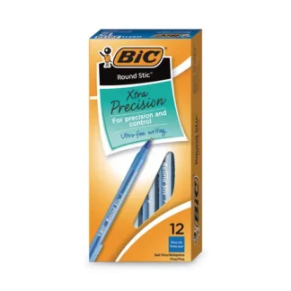 BIC® Round Stic Xtra Precision Ballpoint Pen, Fine Point, 0.8 mm, Blue Ink, Translucent Blue Barrel, Dozen