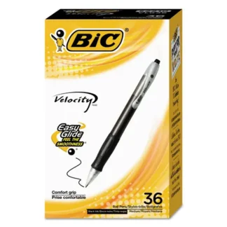 BIC® Velocity Easy Glide Ballpoint Pen, Retractable, Medium Point, 1 mm, Black Ink, Black Barrel, 36 Pack