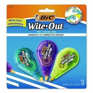 BIC® Wite-Out Brand Mini Correction Tape, Non-Refillable, Blue/Purple/Yellow, 3/Pack