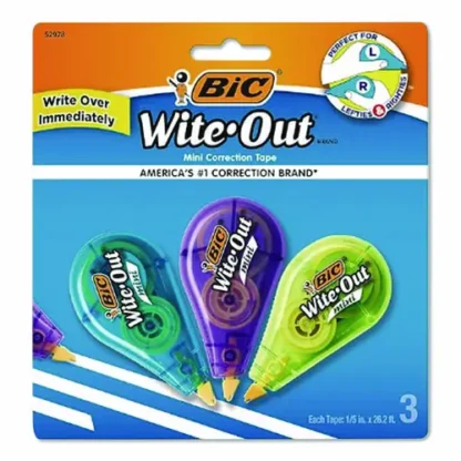 BIC® Wite-Out Brand Mini Correction Tape, Non-Refillable, Blue/Purple/Yellow, 3/Pack
