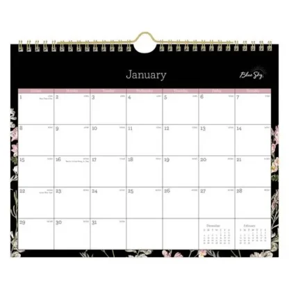 Blue Sky® Neveah Monthly Wall Calendar, Floral Artwork, 12-Month, 11" x 8.75", White/Black/Pink, 2025