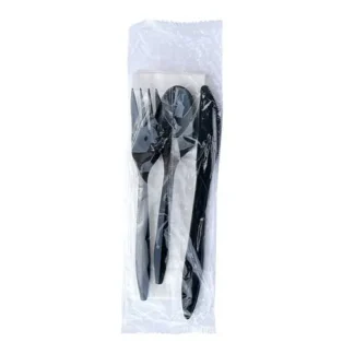 Boardwalk® Four-Piece Cutlery Kit, Mediumweight, Fork/Knife/Napkin/Spoon, Plastic, Black, 250/Carton