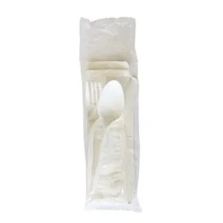 Boardwalk® Four-Piece Polypropylene Cutlery Kit, Mediumweight, Fork/Knife/Napkin/Spoon, Plastic, White, 250/Carton
