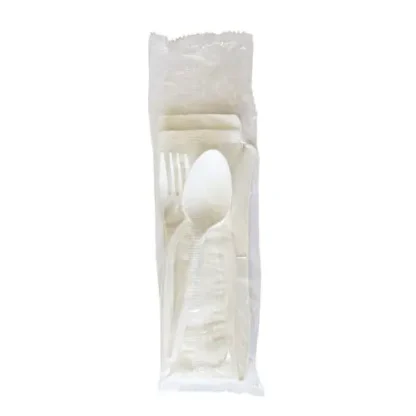 Boardwalk® Four-Piece Polypropylene Cutlery Kit, Mediumweight, Fork/Knife/Napkin/Spoon, Plastic, White, 250/Carton