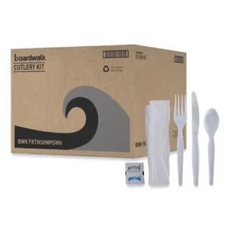 Boardwalk® Six-Piece Cutlery Kit, Heavyweight, Plastic, White, 250/Carton