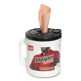 Brawny® Professional D400 Disposable Cleaning Towel System with Plastic Dispenser Bucket, 200 Sheets, Orange, 9.9" x 13"