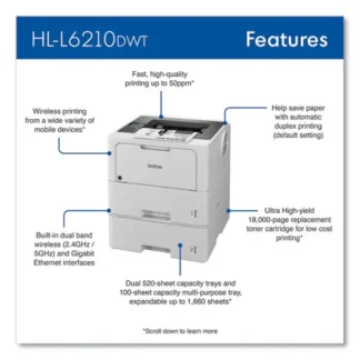 Brother HL-L6210DWT Business Monochrome Laser Printer with Dual Paper Trays