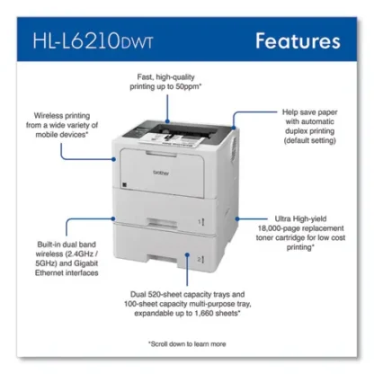 Brother HL-L6210DWT Business Monochrome Laser Printer with Dual Paper Trays