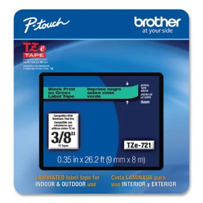 Brother P-Touch® TZe Laminated Removable Label Tapes, 0.35" x 26.2 ft, Black on Green