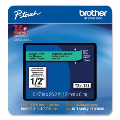 Brother P-Touch® TZe Laminated Removable Label Tapes, 0.47" x 26.2 ft, Black on Green