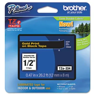 Brother P-Touch® TZe Standard Adhesive Laminated Labeling Tape, 0.47" x 26.2 ft, Gold on Black