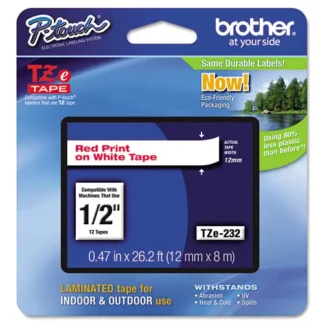 Brother P-Touch® TZe Standard Adhesive Laminated Labeling Tape, 0.47" x 26.2 ft, Red on White